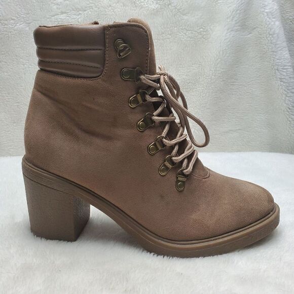 Chunky Boho Lace up Ankle Boots. Suede. Tan. Side zip. 3" heel. Rubber soles and - Picture 3 of 11